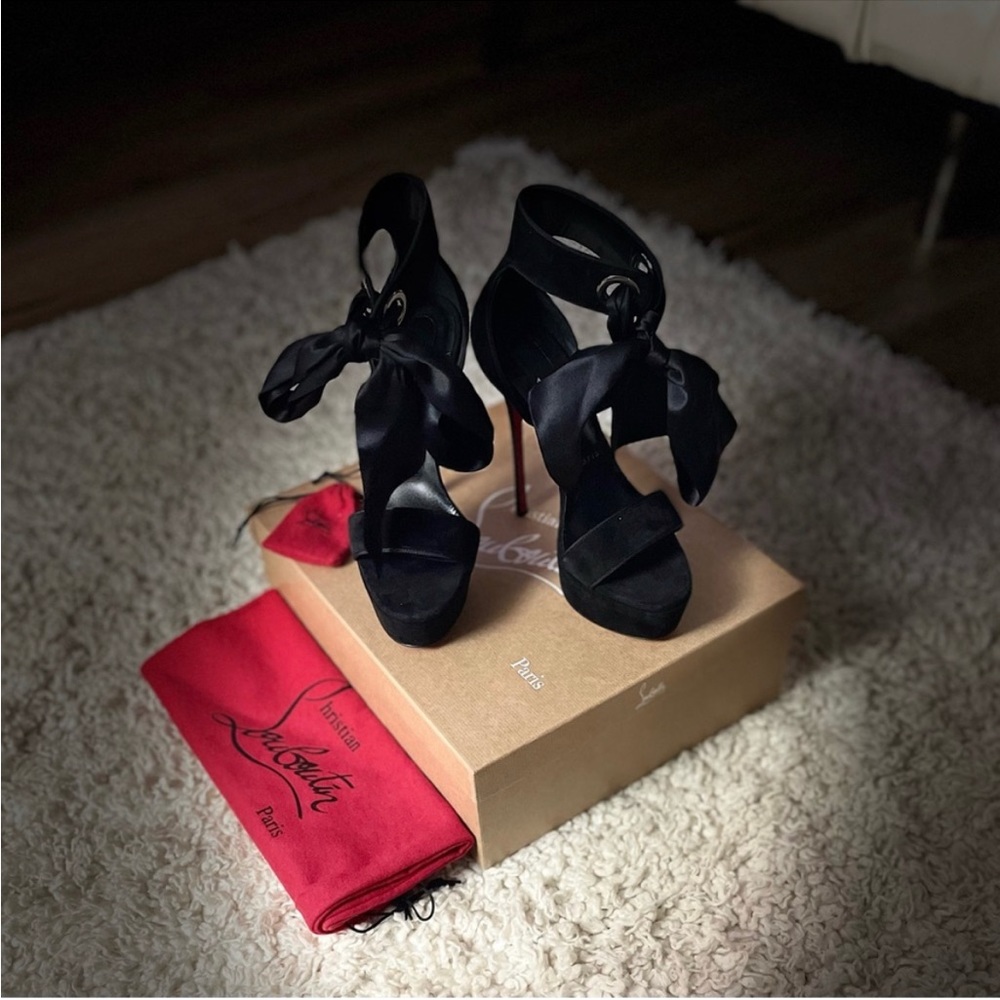 Suede black red bottoms with silk strap that goes around your ankle
